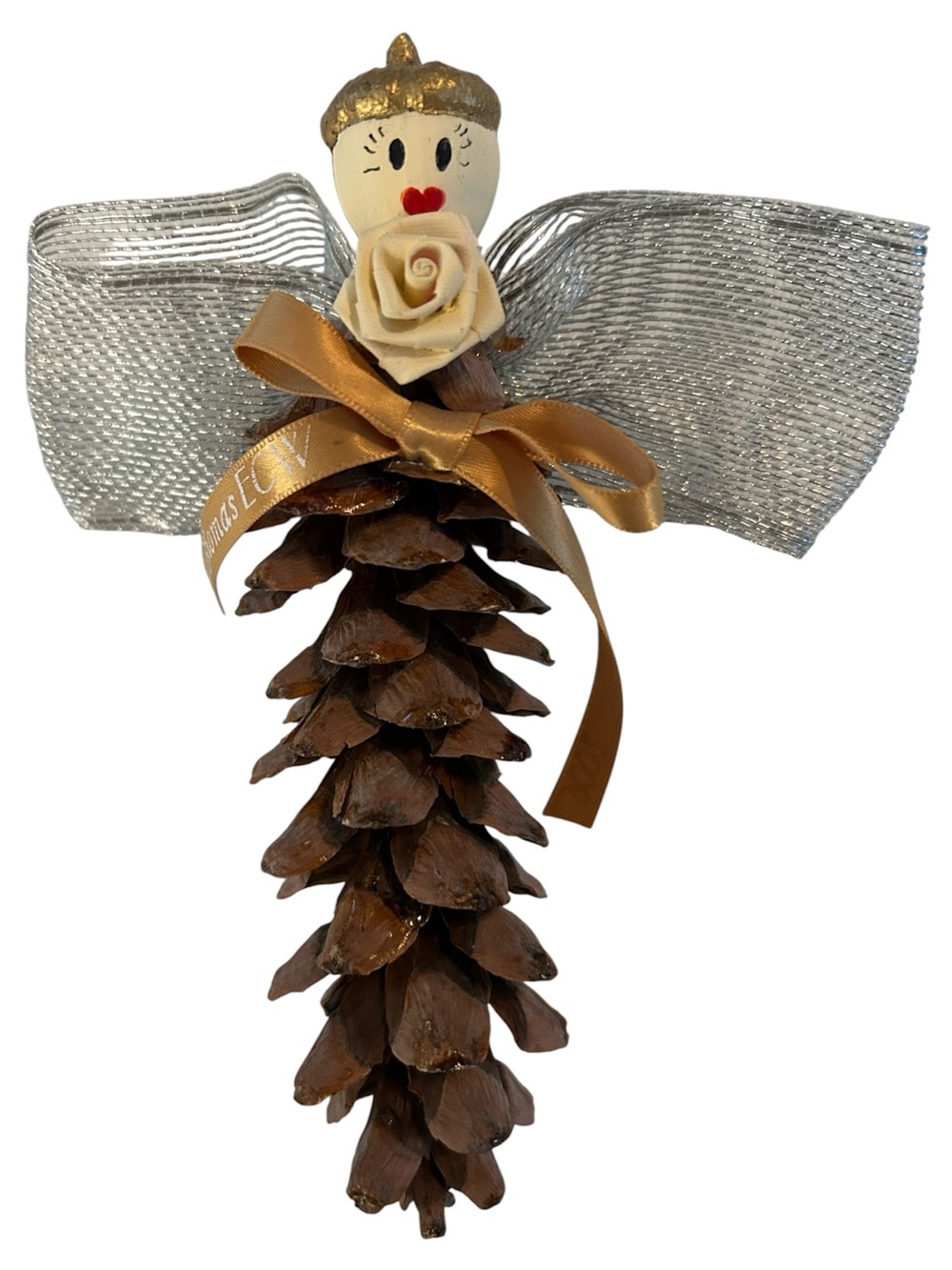 Handcrafted Pinecone Angel Ornament - Silver Bow, Brown Pinecone heart lips